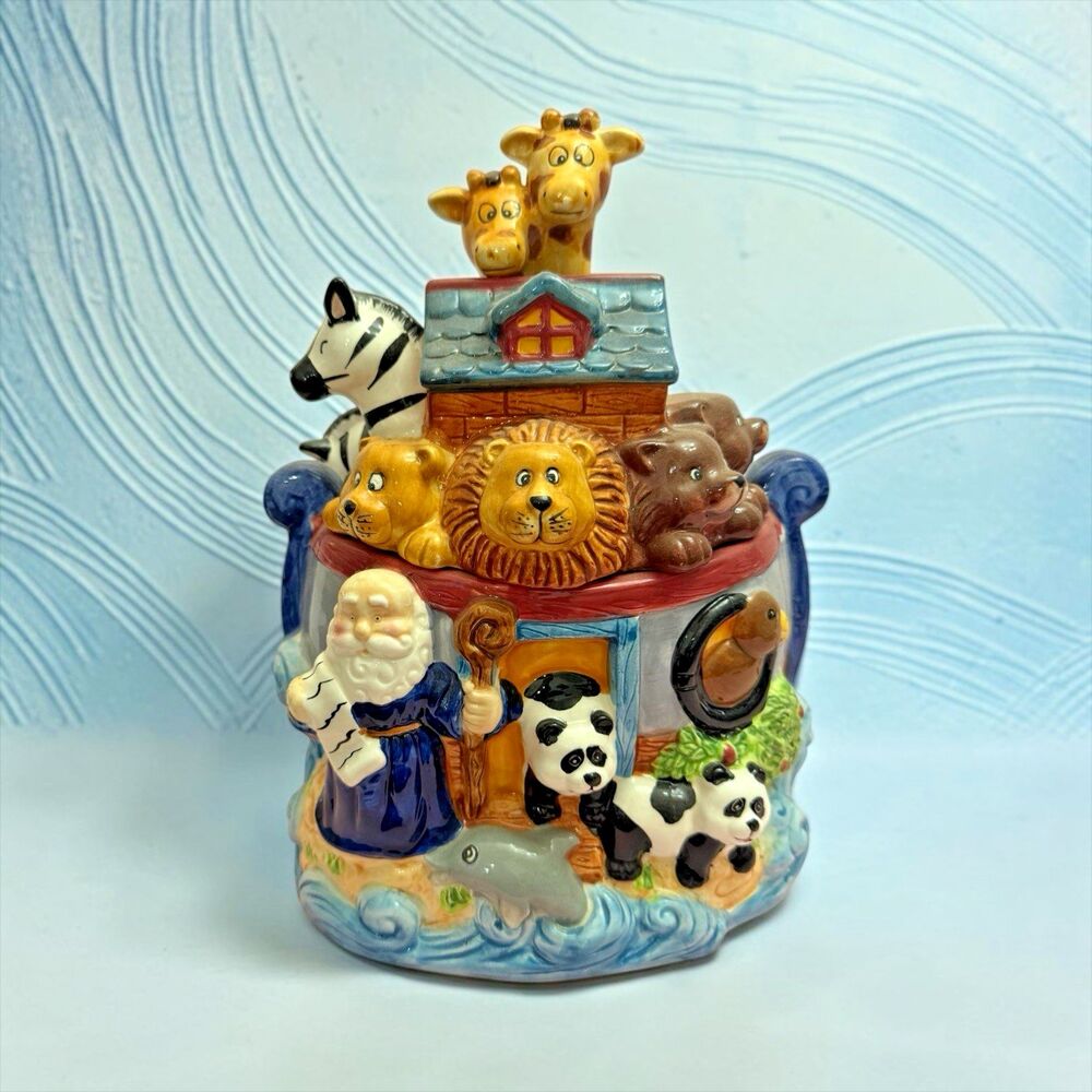 Vintage BICO Noah's Ark Ceramic Cookie Jar Animals 11" Colorful Lidded China
